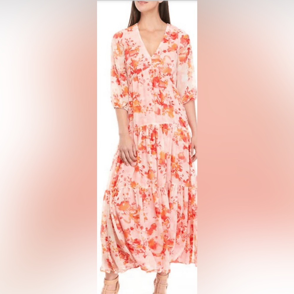 Maison Tara Deep V Neck Floral Evening Dress Ivory Blush Coral Sz 12 NWT Easter